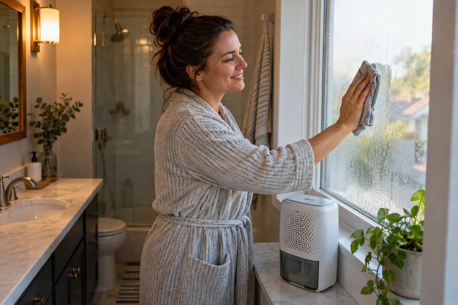 A homeowner checking a window sill for early signs of mold in the Lake Stevens area